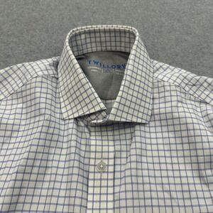 Twillory Performance Dress‎ Shirt Blue Checkered Wrinkle-Free Stretch 18 34/35
